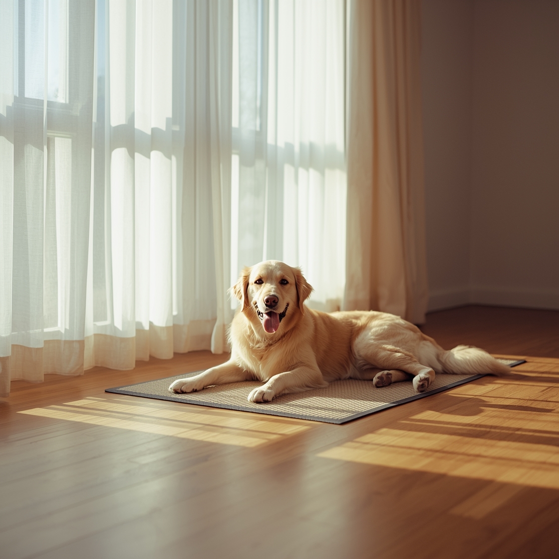 Golden retriever resting on cooling mat by window