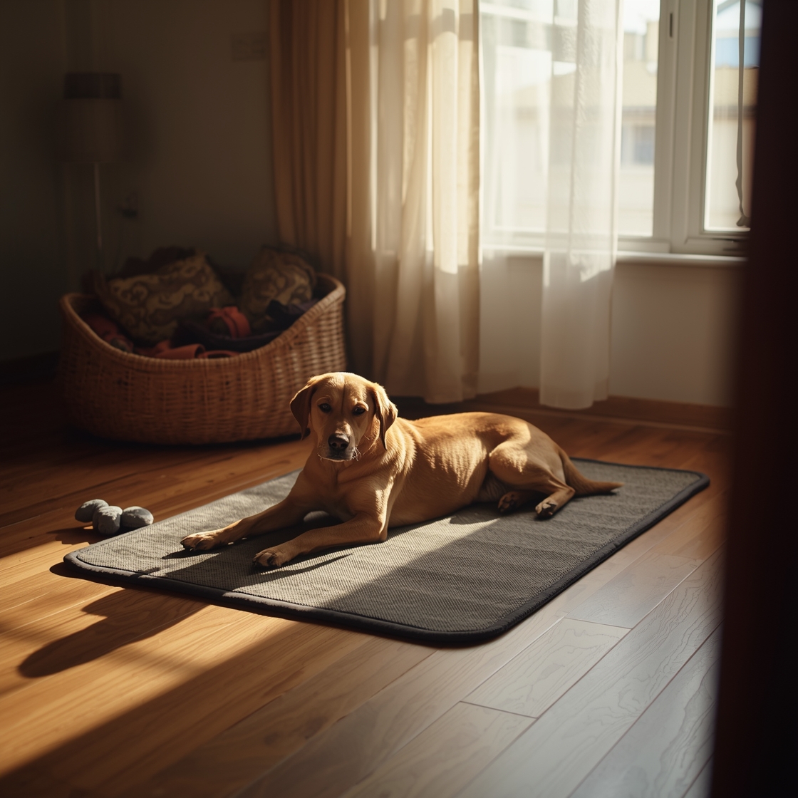 Dog cooling mat and bed on hardwood floor beside toys