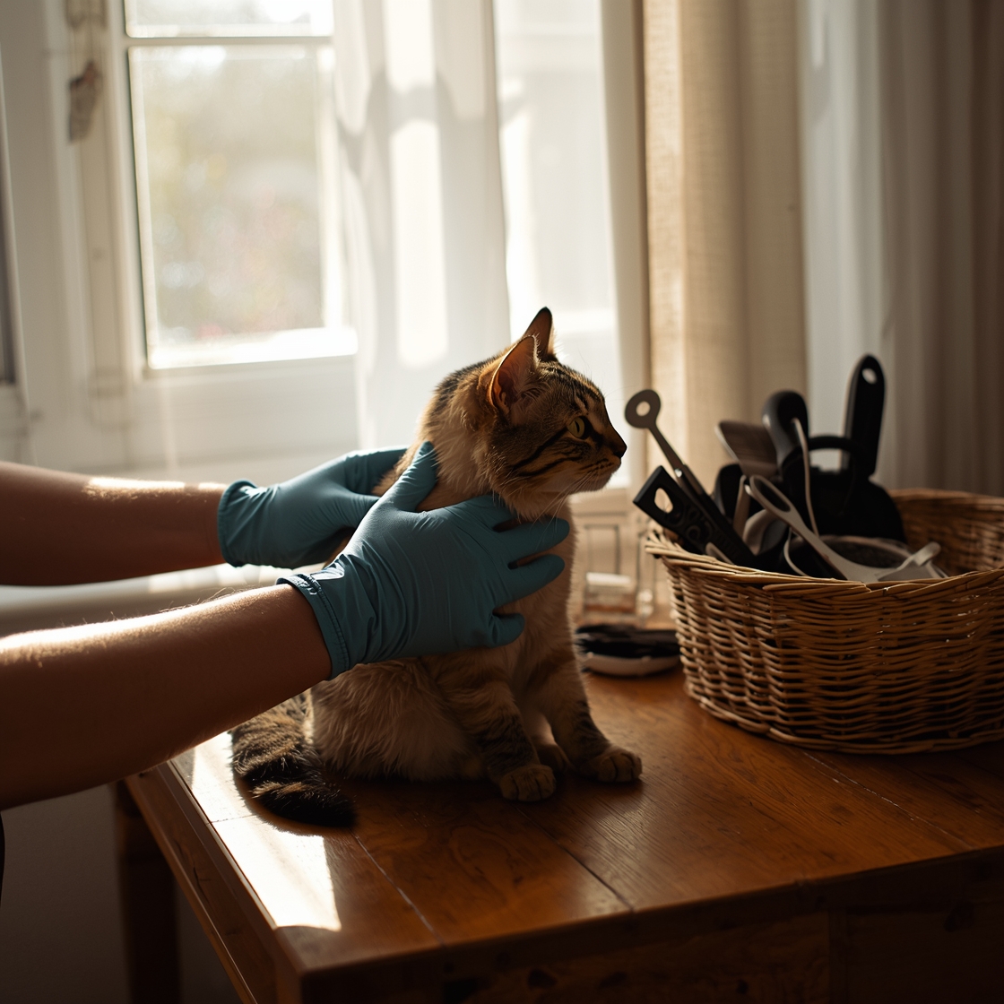 Cat grooming gloves in use on a tabby cat shedding