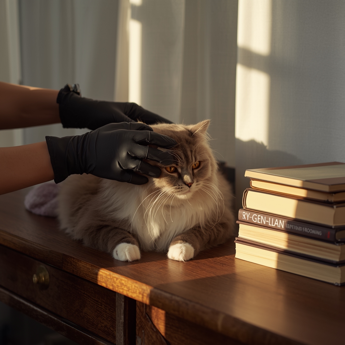 Hand wearing cat grooming glove brushing long-haired British Shorthair cat