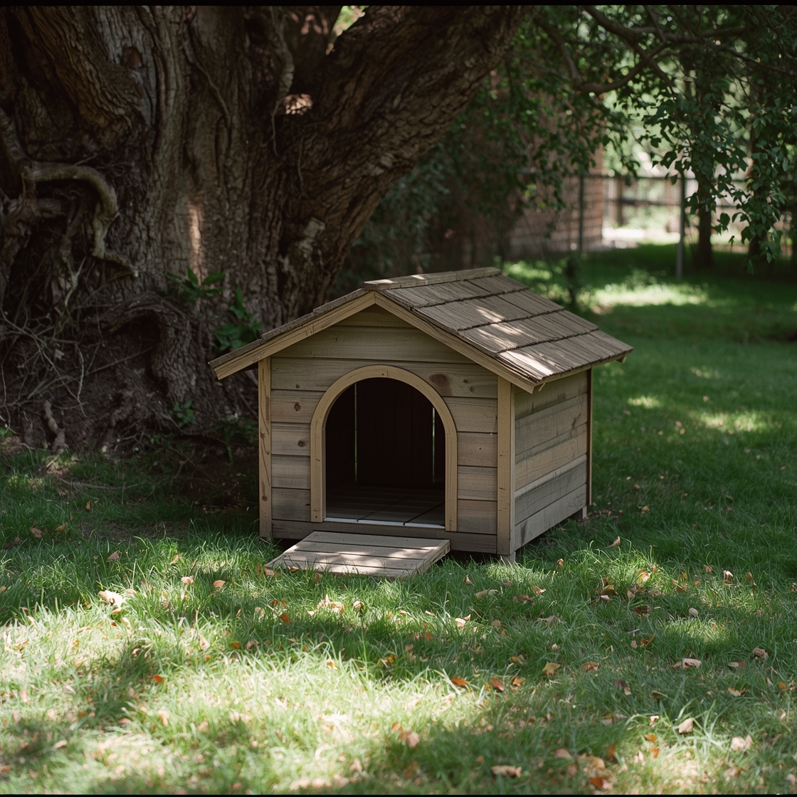 A spacious wooden dog house on a green lawn for large dogs