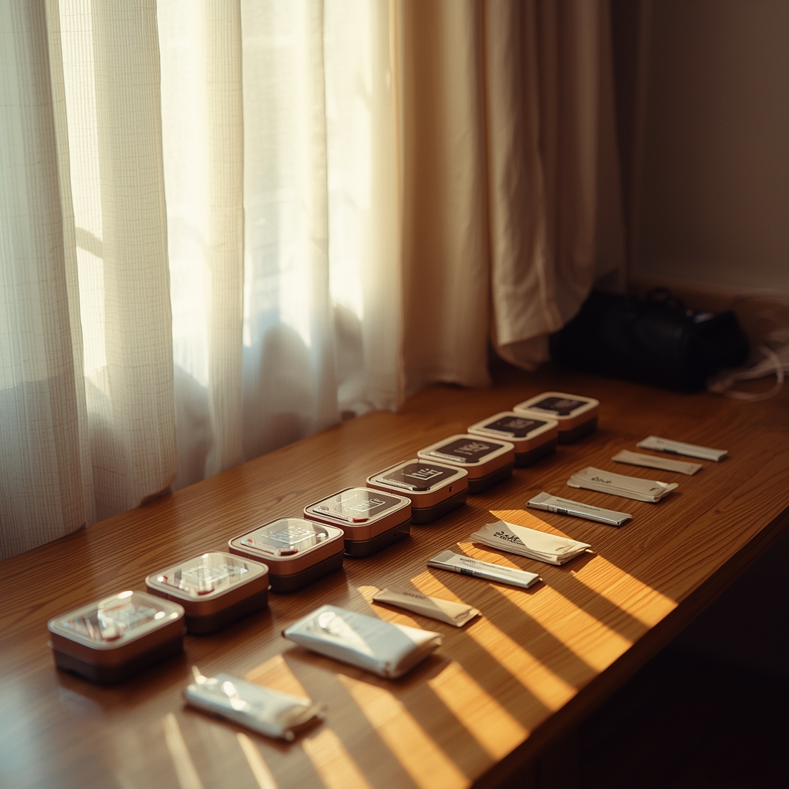 Seven rabbit grooming kits laid out on a wooden table