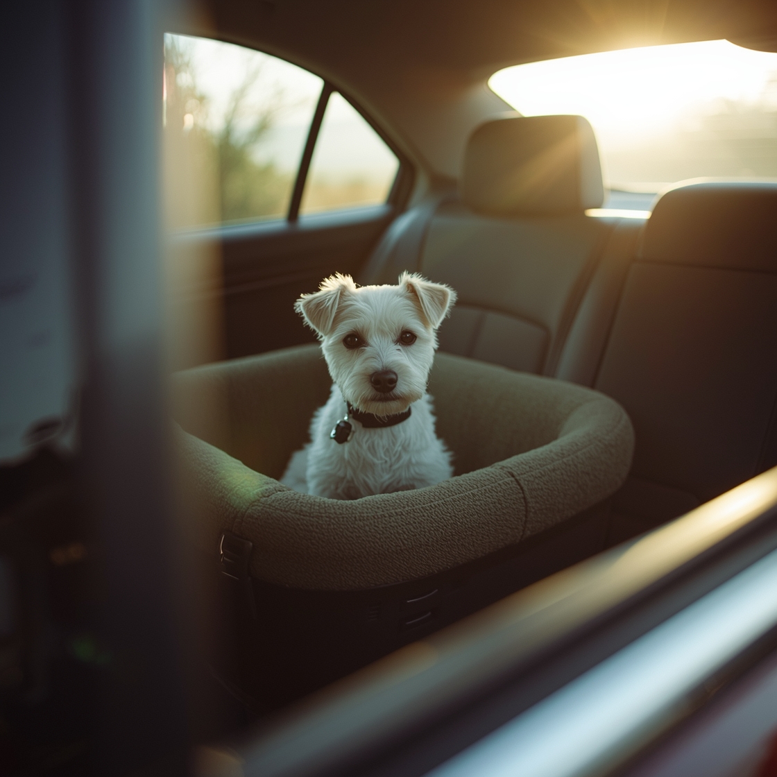 Small dog sitting in a dog car seat in a car