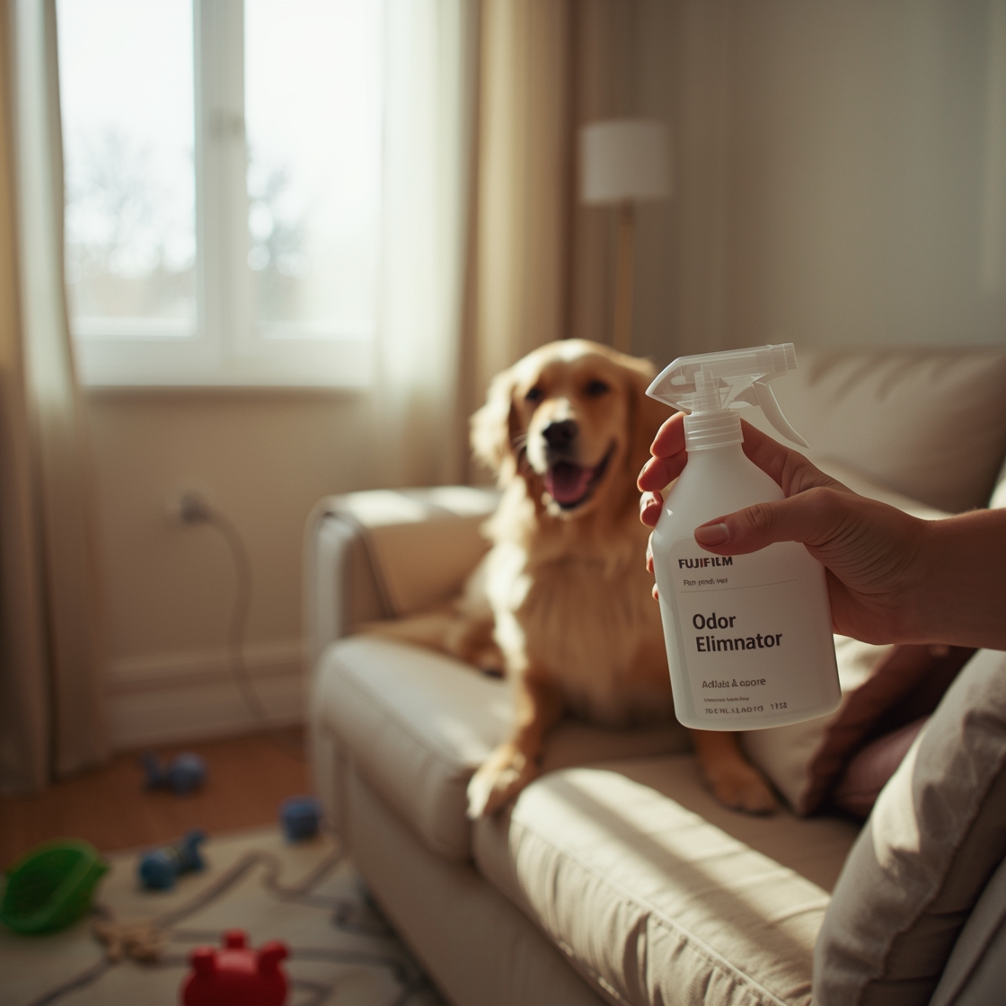 Pet owner with odor eliminator spray and happy dog on couch