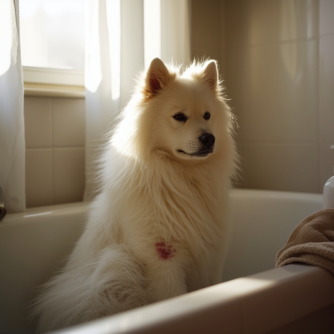 A Samoyed with itchy skin sitting in a bathtub with shampoo