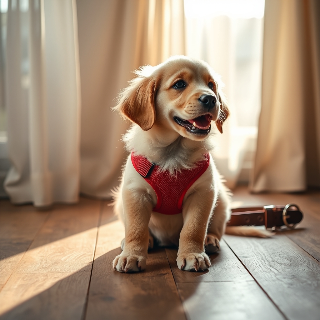 Golden retriever puppy in red harness beside leather collar