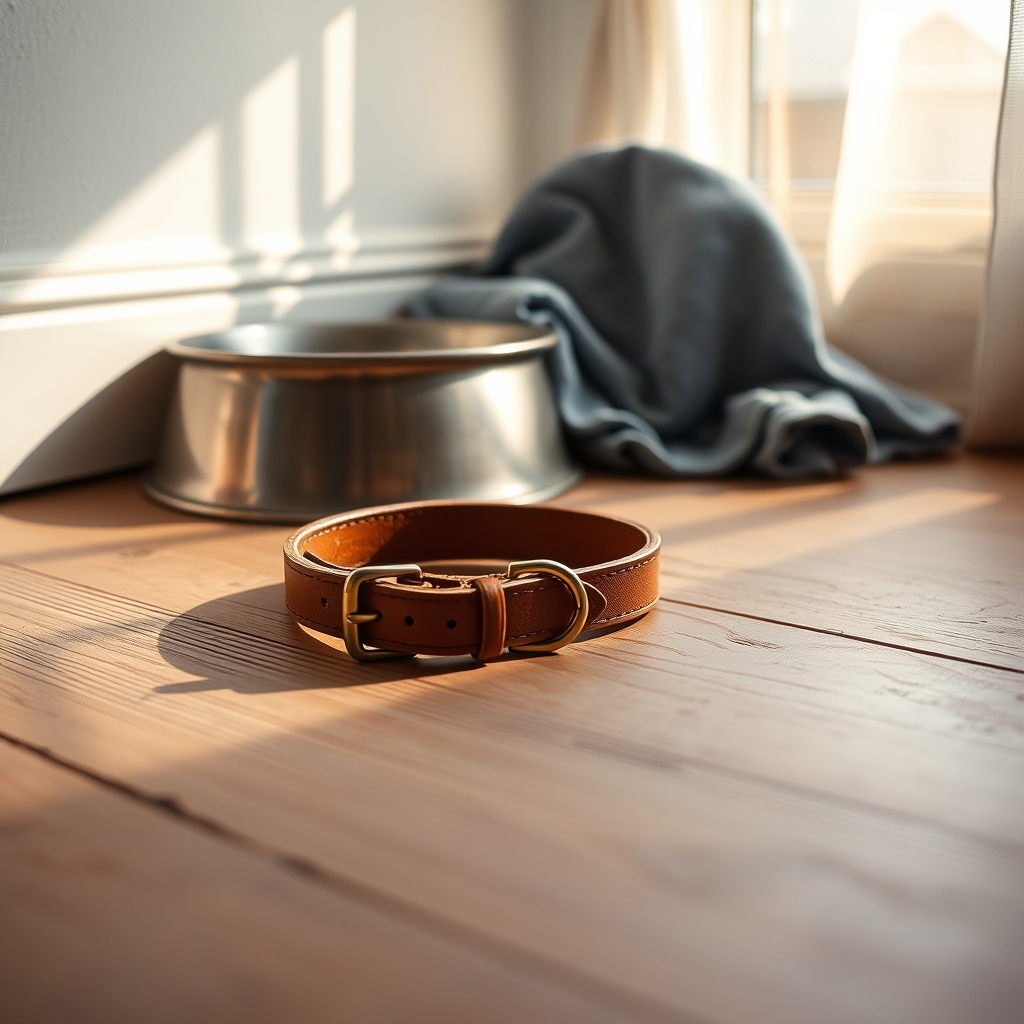 A leather dog collar on a wooden workbench