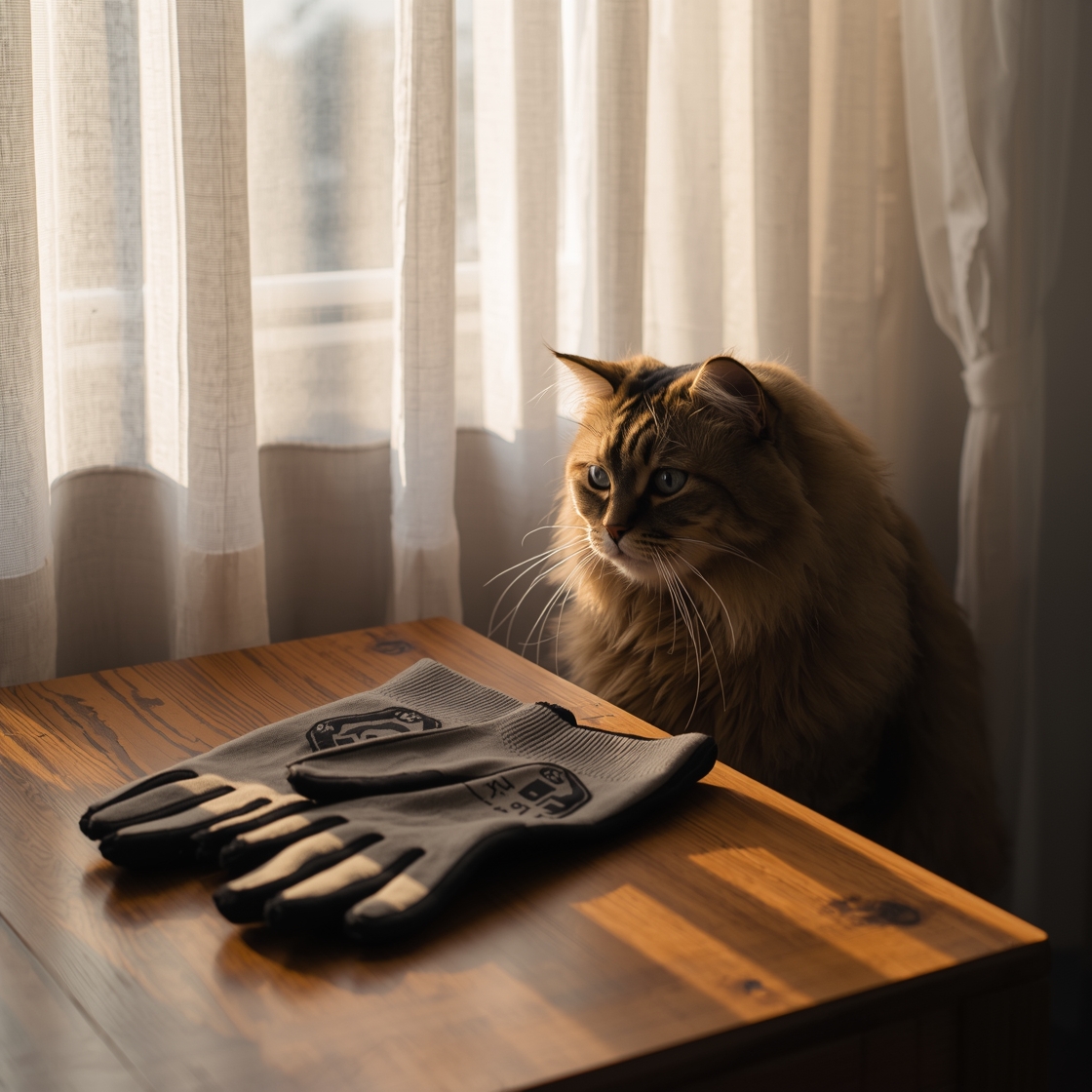 Pet grooming gloves and fluffy tabby cat on wooden table