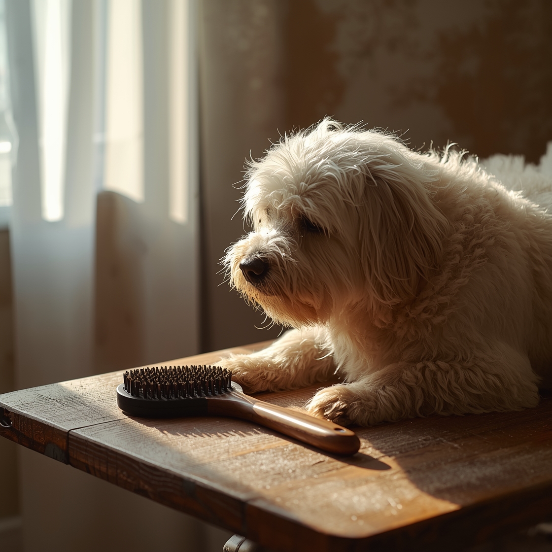 Best dog grooming brush on a wooden table beside a fluffy dog