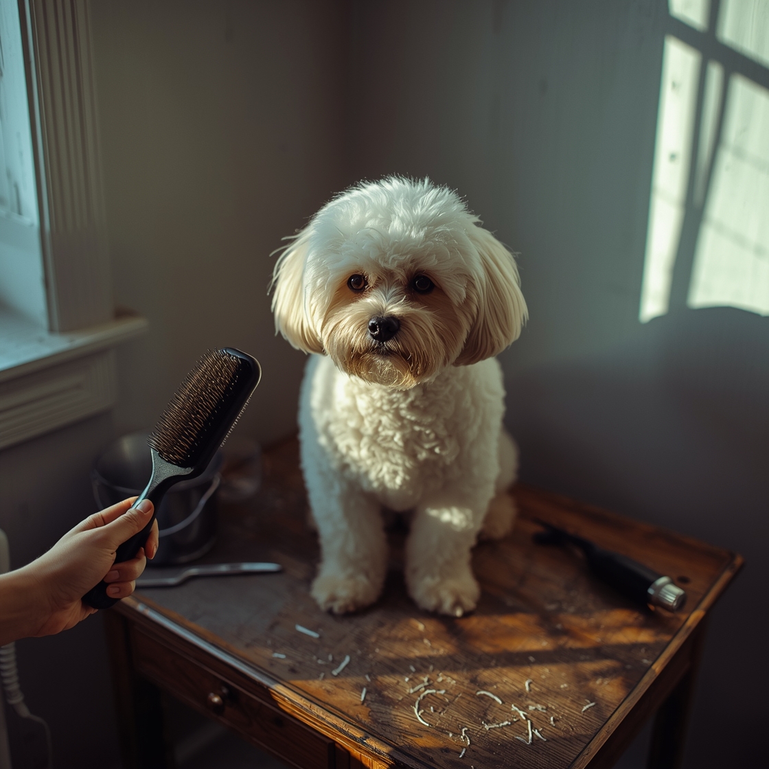 Curly coated Bichon Frise being gently brushed on a wooden table