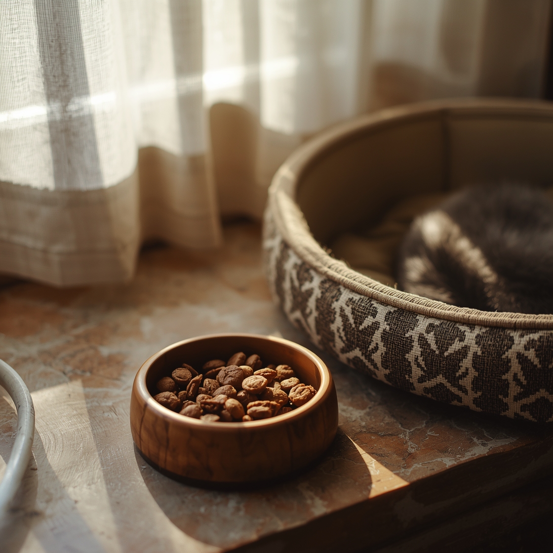 A simple dog bowl with limited ingredient dog food on a stone floor