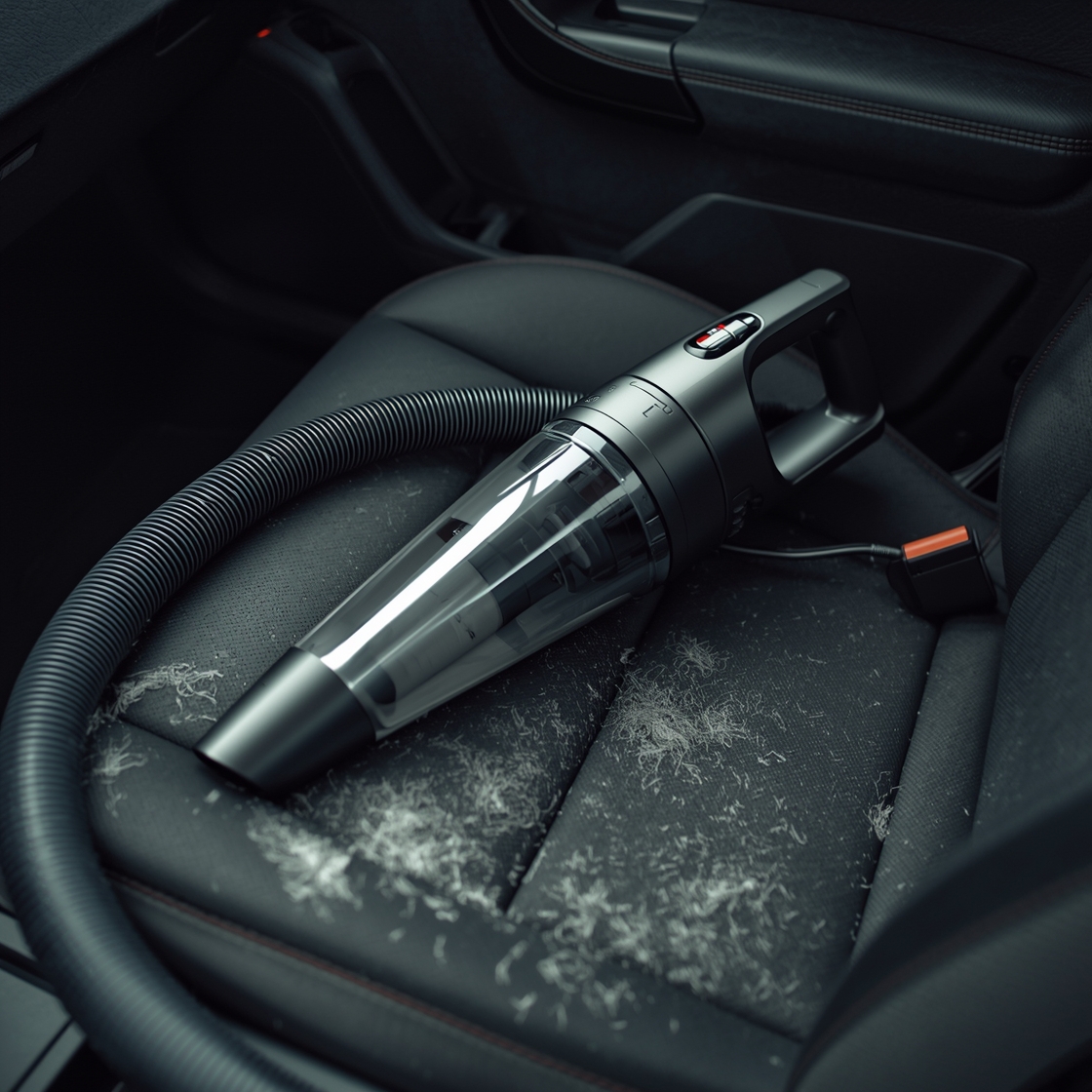 Handheld vacuum on car seat with pet hair scattered around