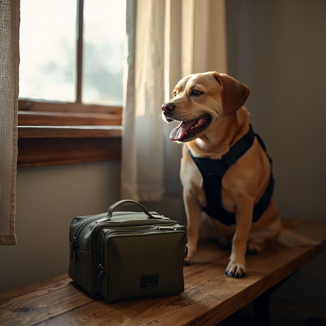 A dog treat pouch on a bench beside a happy dog in training