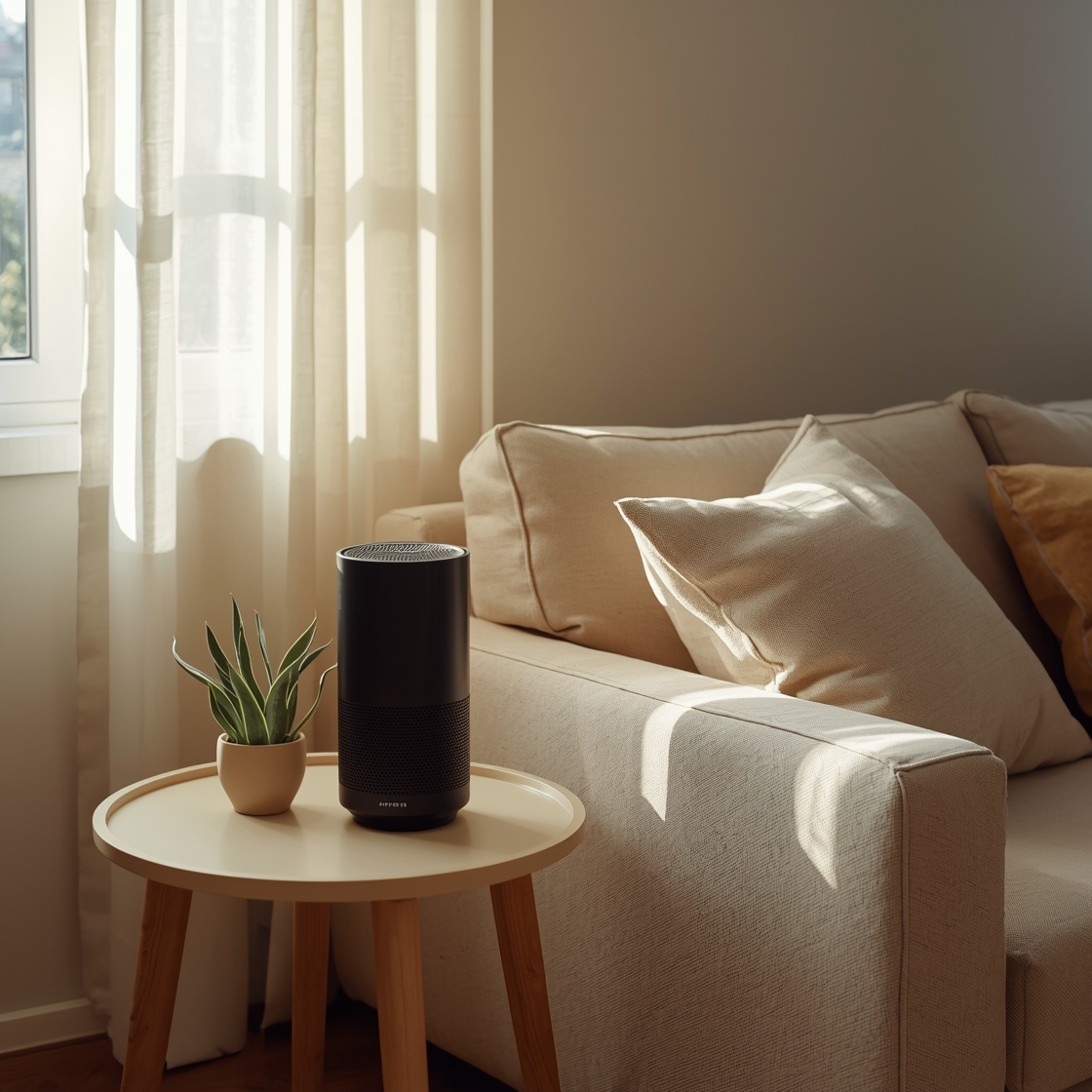 Modern air purifier on living room side table with pet hair