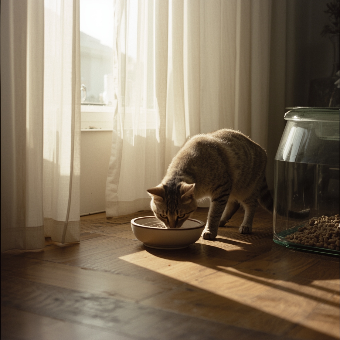 Tabby cat eating from ceramic dish on wooden floor