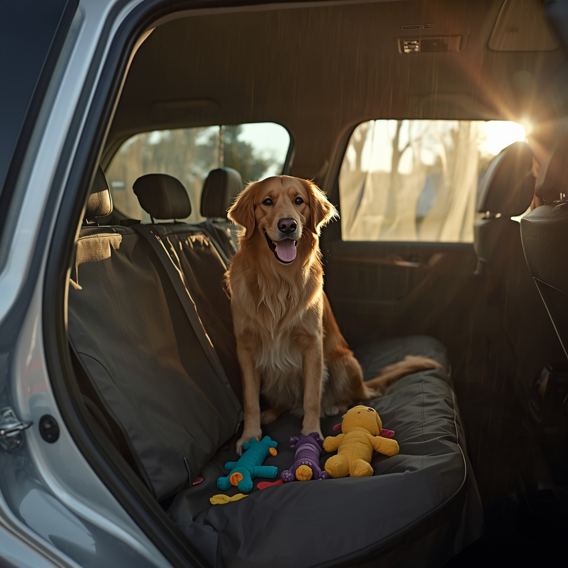 Dog car seat cover in an SUV with happy golden retriever