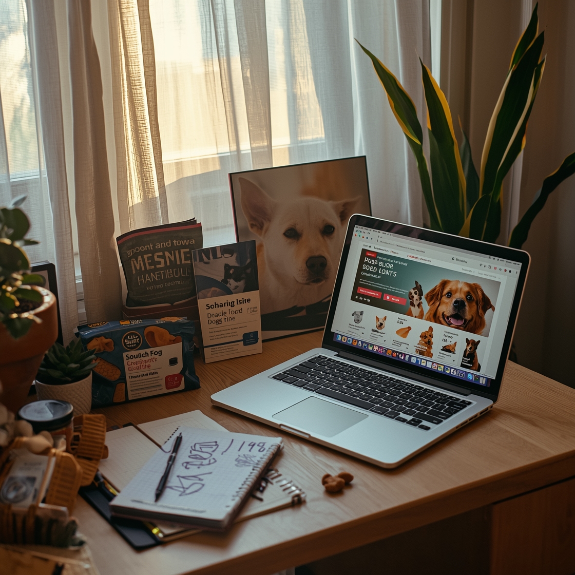 Cluttered home office desk with laptop and dog food labels