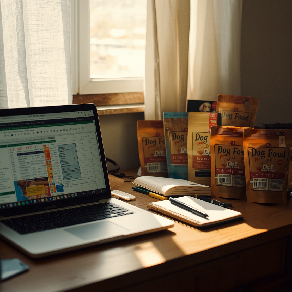 Cluttered home office desk with laptop and dog food labels