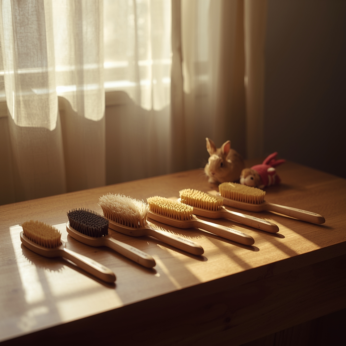 Rabbit grooming brushes on a wooden table