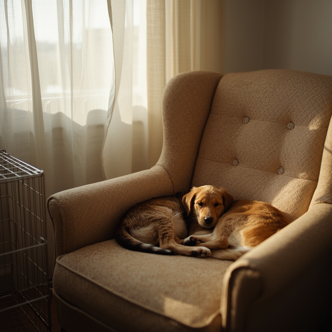 calm dog and cat together in a peaceful home environment