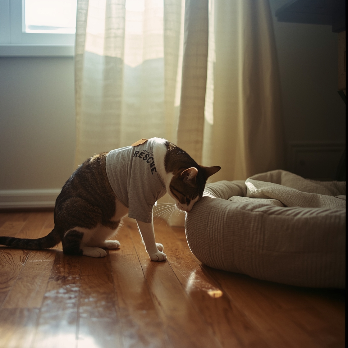 cat sniffs dog blanket on rustic wooden table