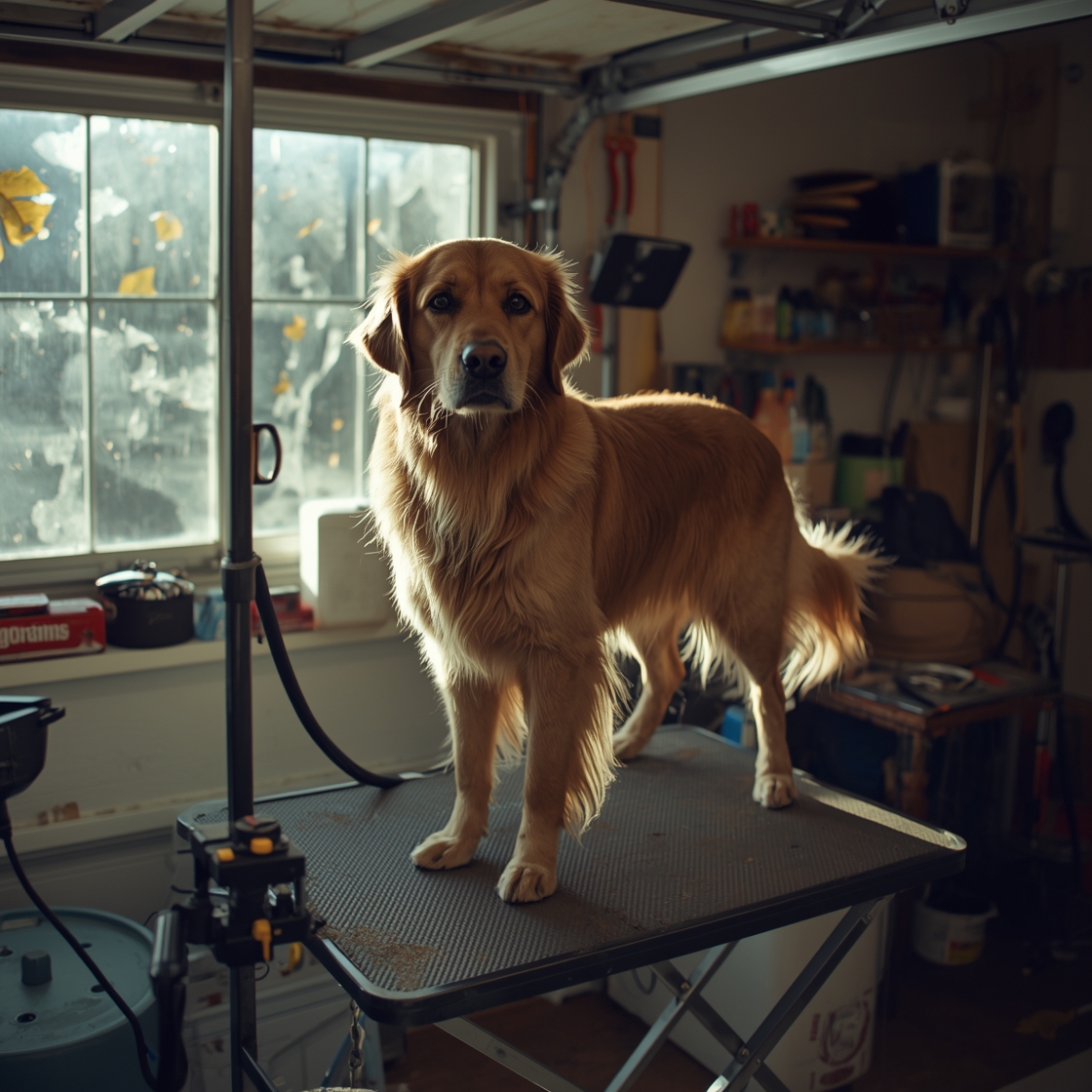 Large golden retriever on a grooming table surrounded by tools