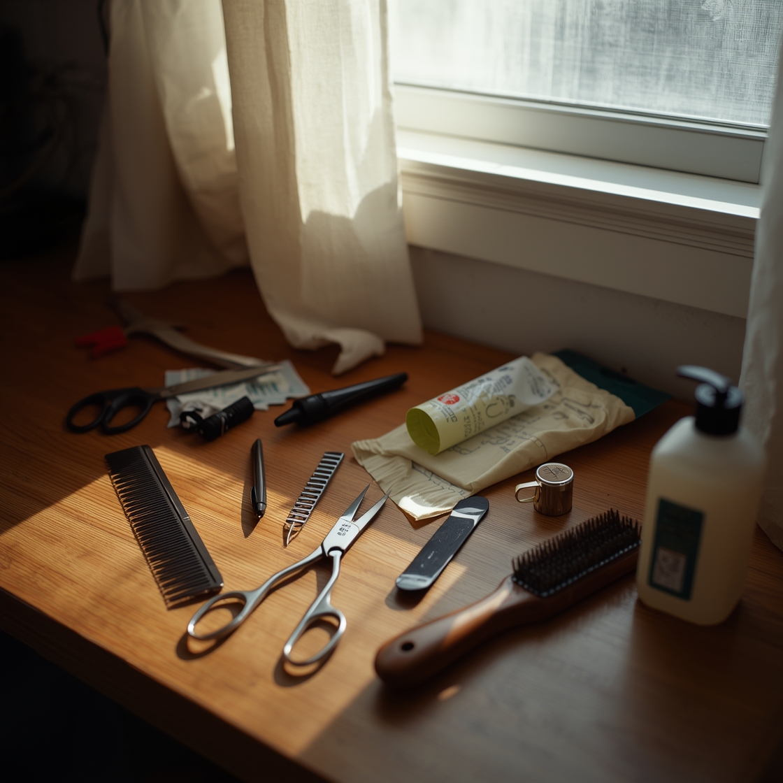 Dog grooming kit tools laid out on a wooden workbench