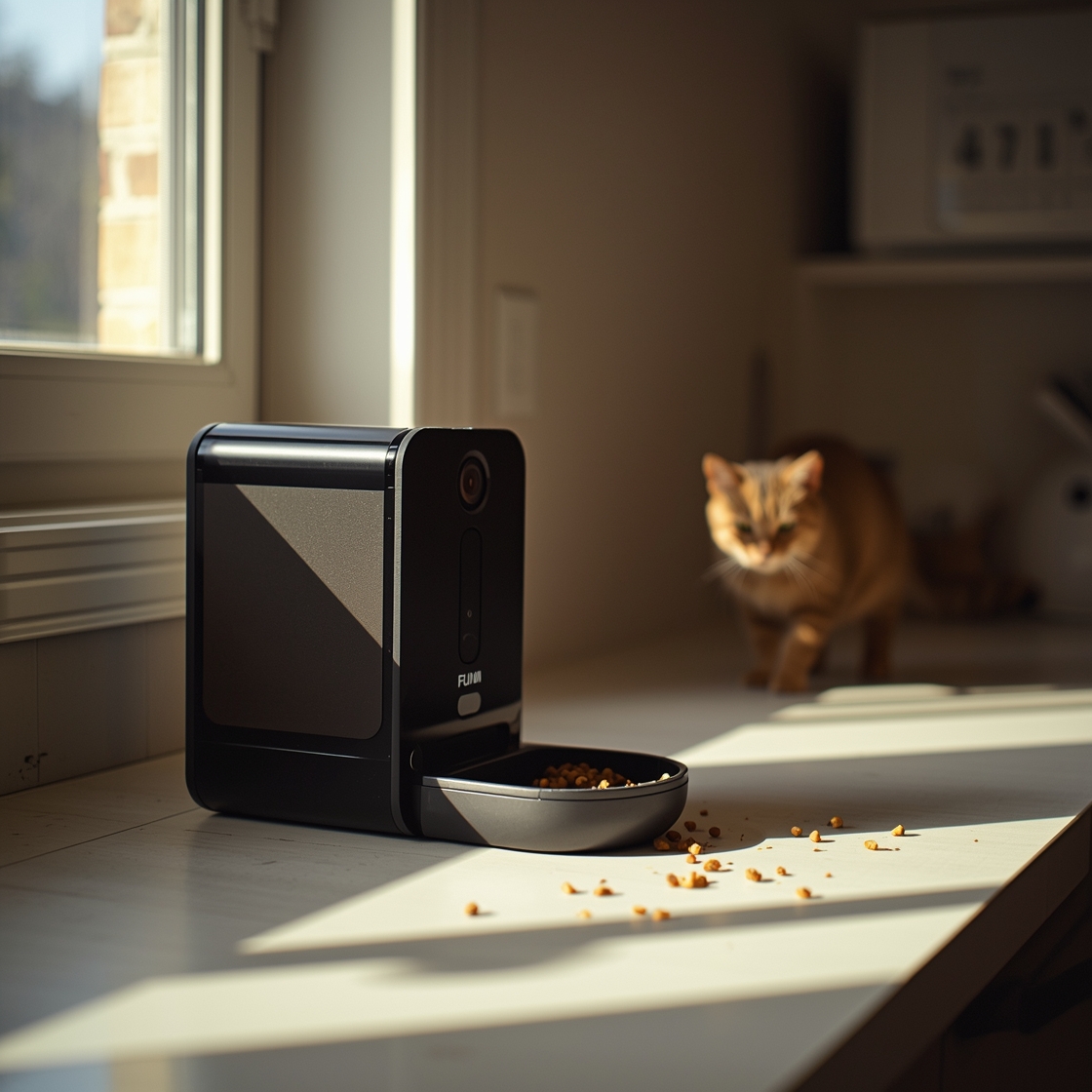 Automatic cat feeder with camera on kitchen counter beside window