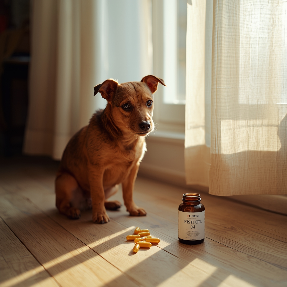 A small brown terrier mix beside a bottle of fish oil supplement