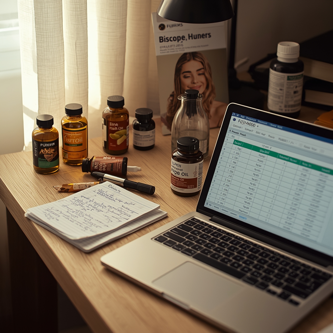A cluttered home office desk with fish oil bottles and dog supplements