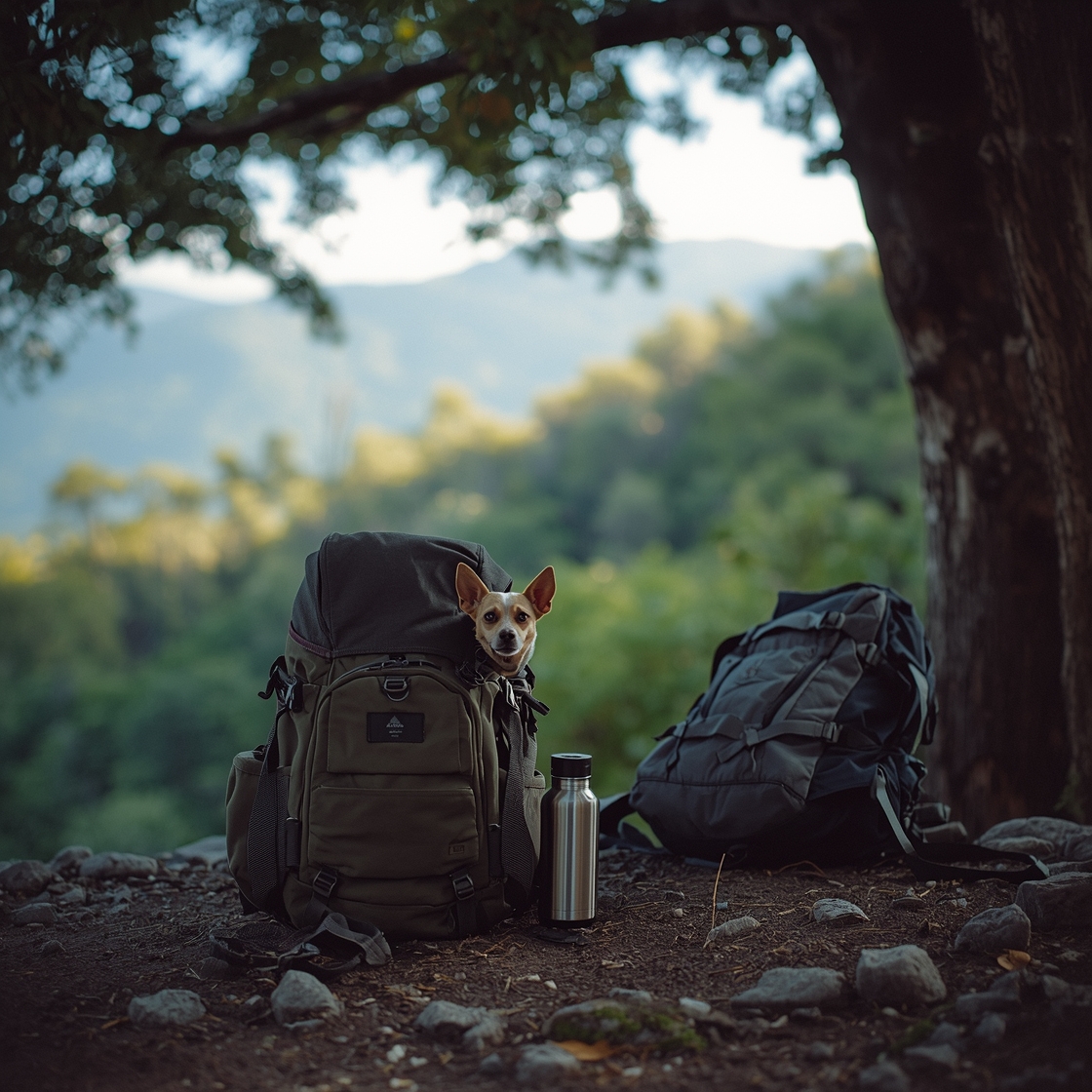 Pet travel backpack with small dog on hiking trail