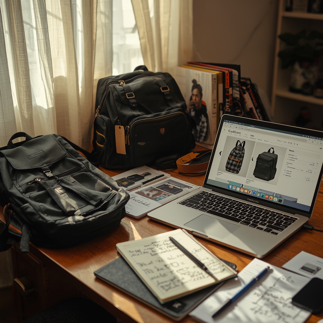 Cluttered home office desk with pet backpacks and notes