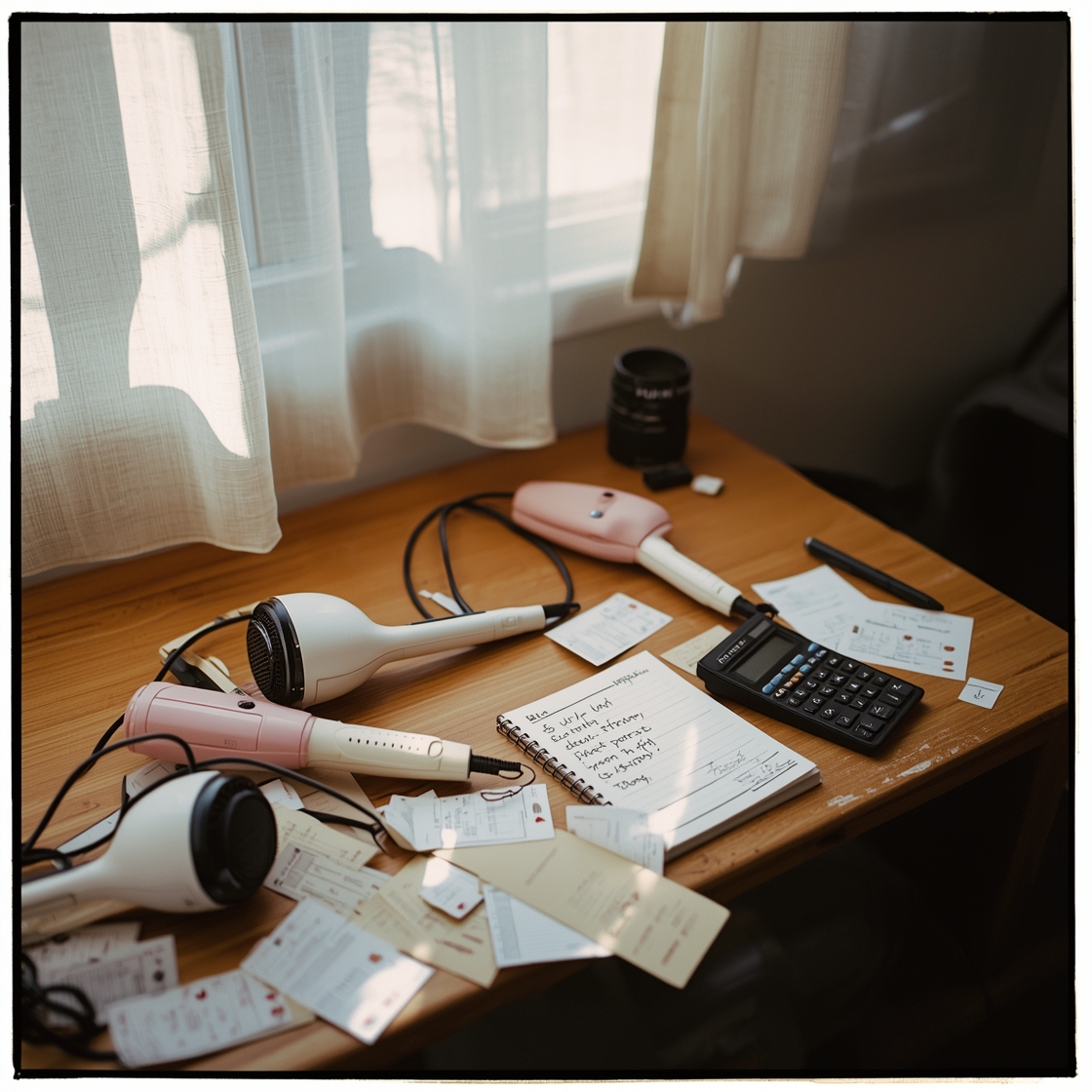 Cluttered desk with pet hair dryers and pricing notes