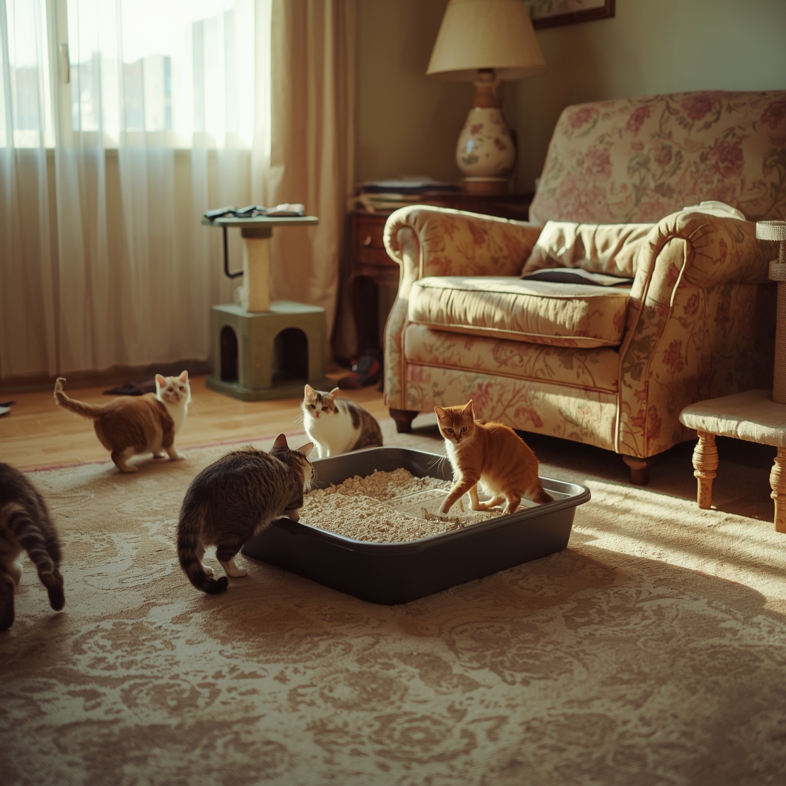 Multiple cats play near a litter box in a cozy living room