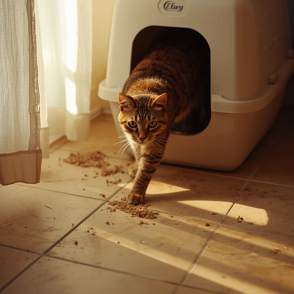 A tabby cat steps out of a litter box filled with clumping clay litter