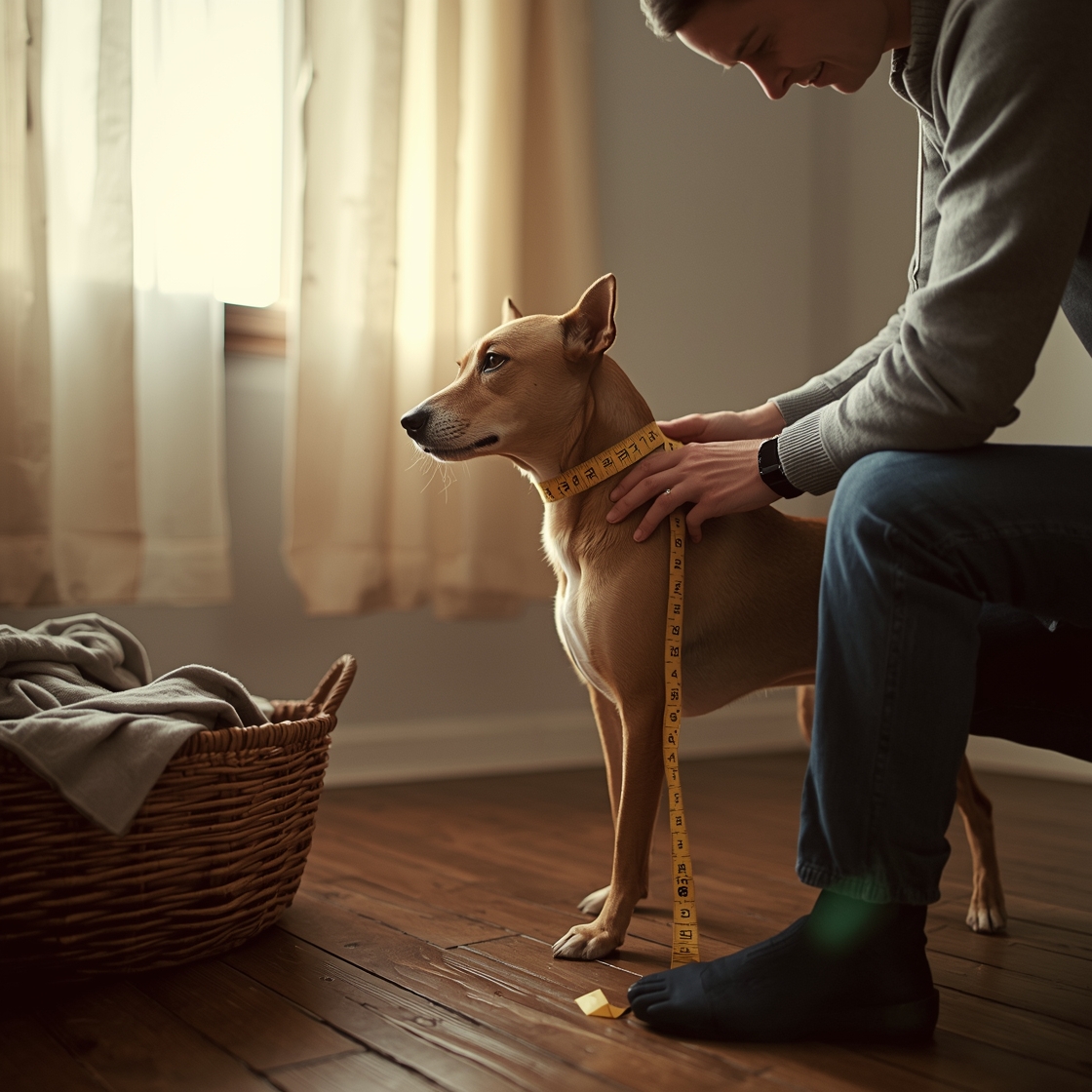 Pet owner measuring dog's chest for life jacket