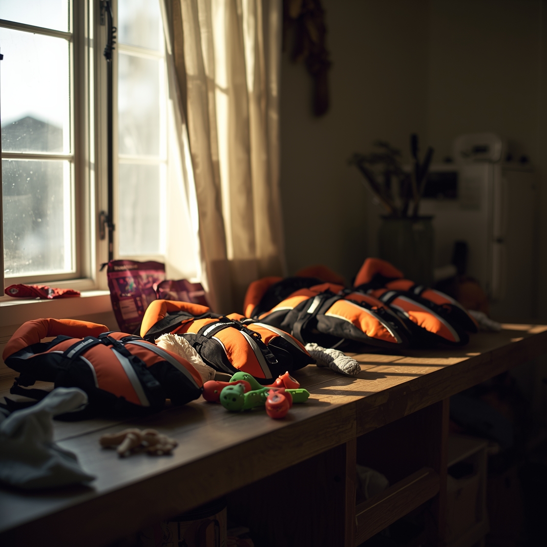 Dog life jackets in various price ranges on a workbench