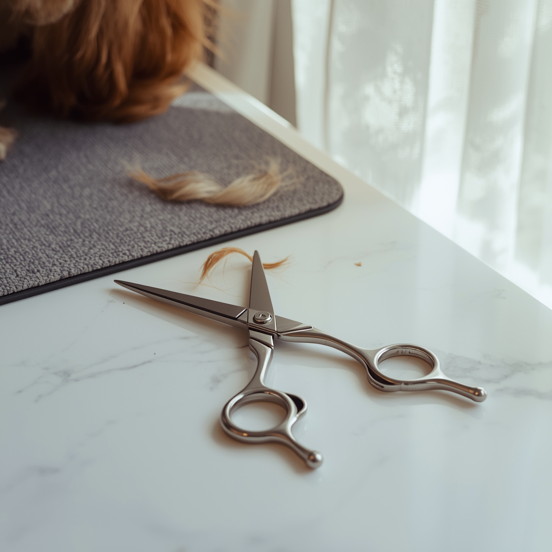Best dog grooming scissors for small breeds on marble countertop