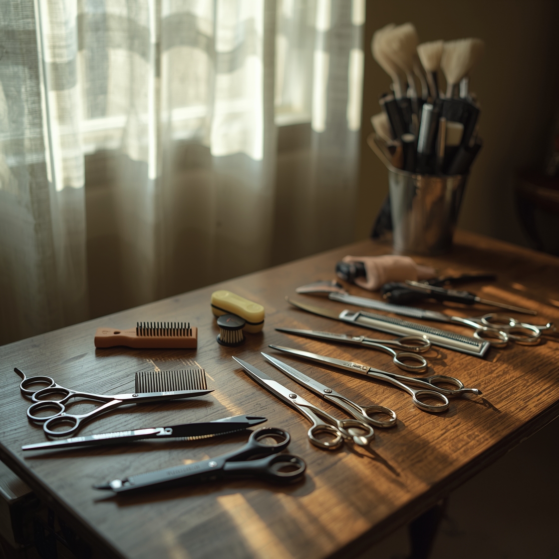 Dog grooming scissors and tools on a wooden table