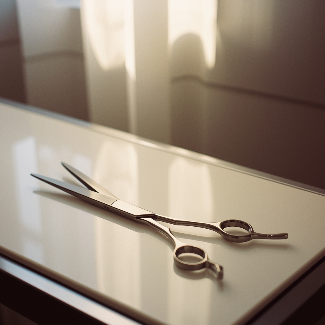 Dog grooming scissors on a clean countertop beside grooming table