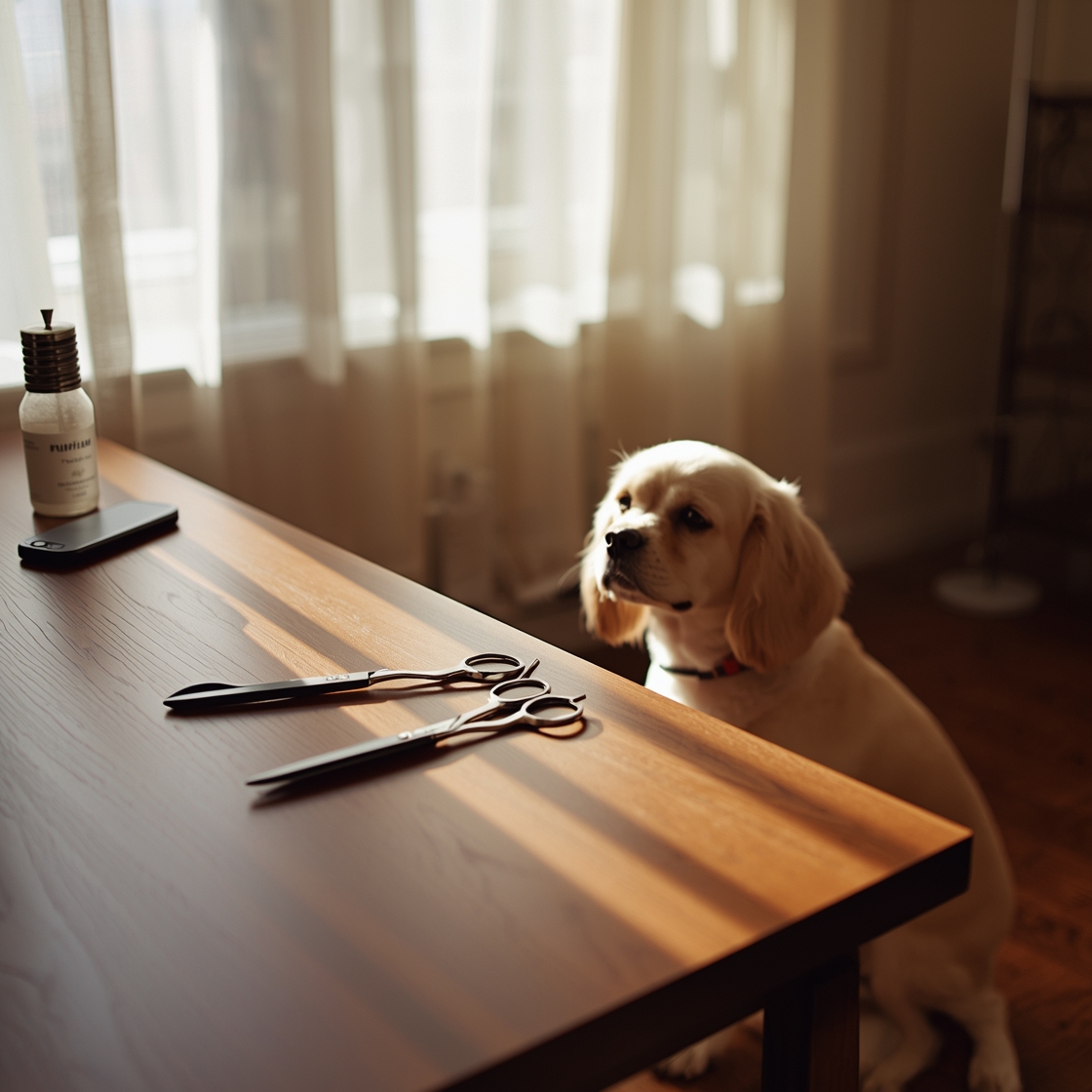 Dog grooming scissors and small white dog on wooden desk