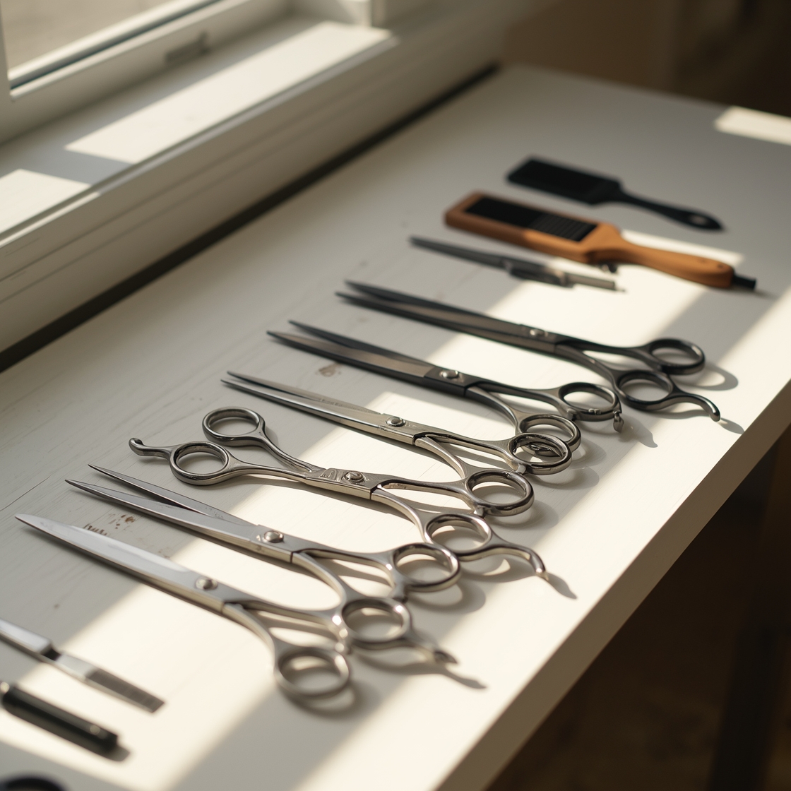 Dog grooming scissors and tools on a workbench