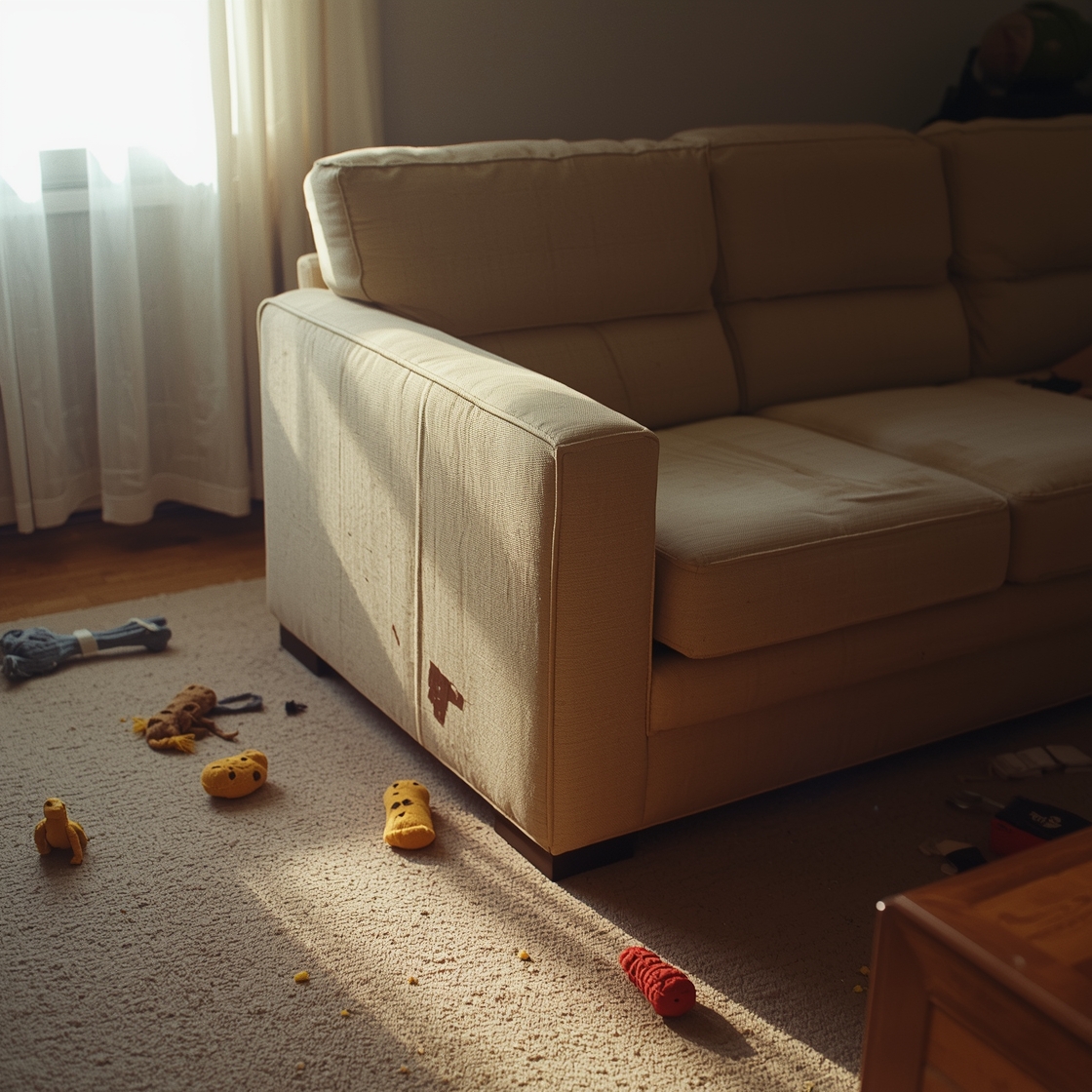 Worn couch with chew marks and dog toys scattered around