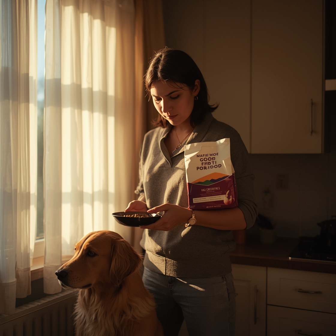 Concerned dog owner choosing food with dog in kitchen
