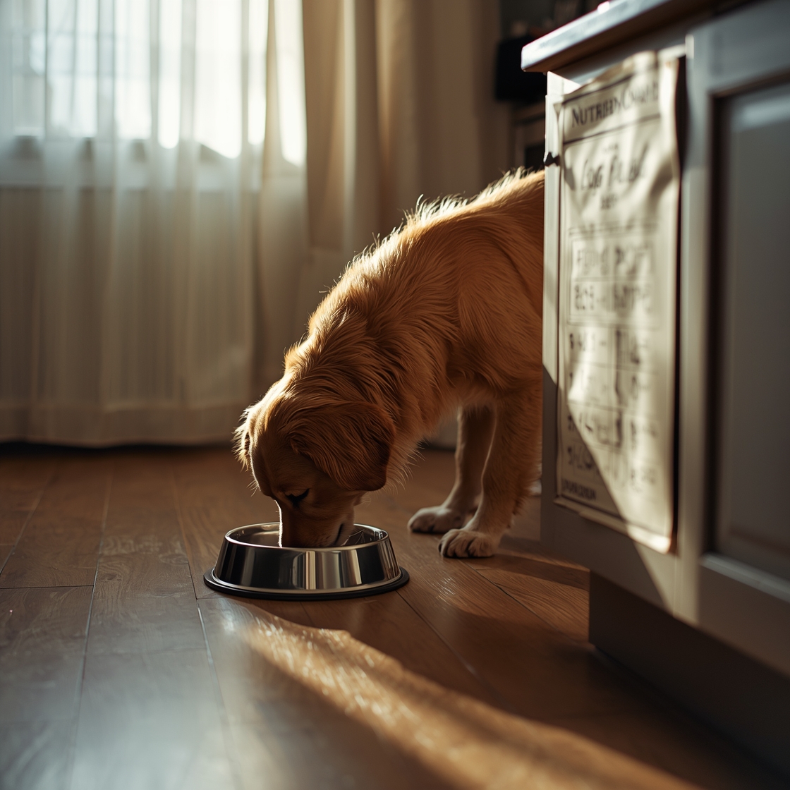 A dog eating from a bowl on a kitchen floor beside a nutrition chart