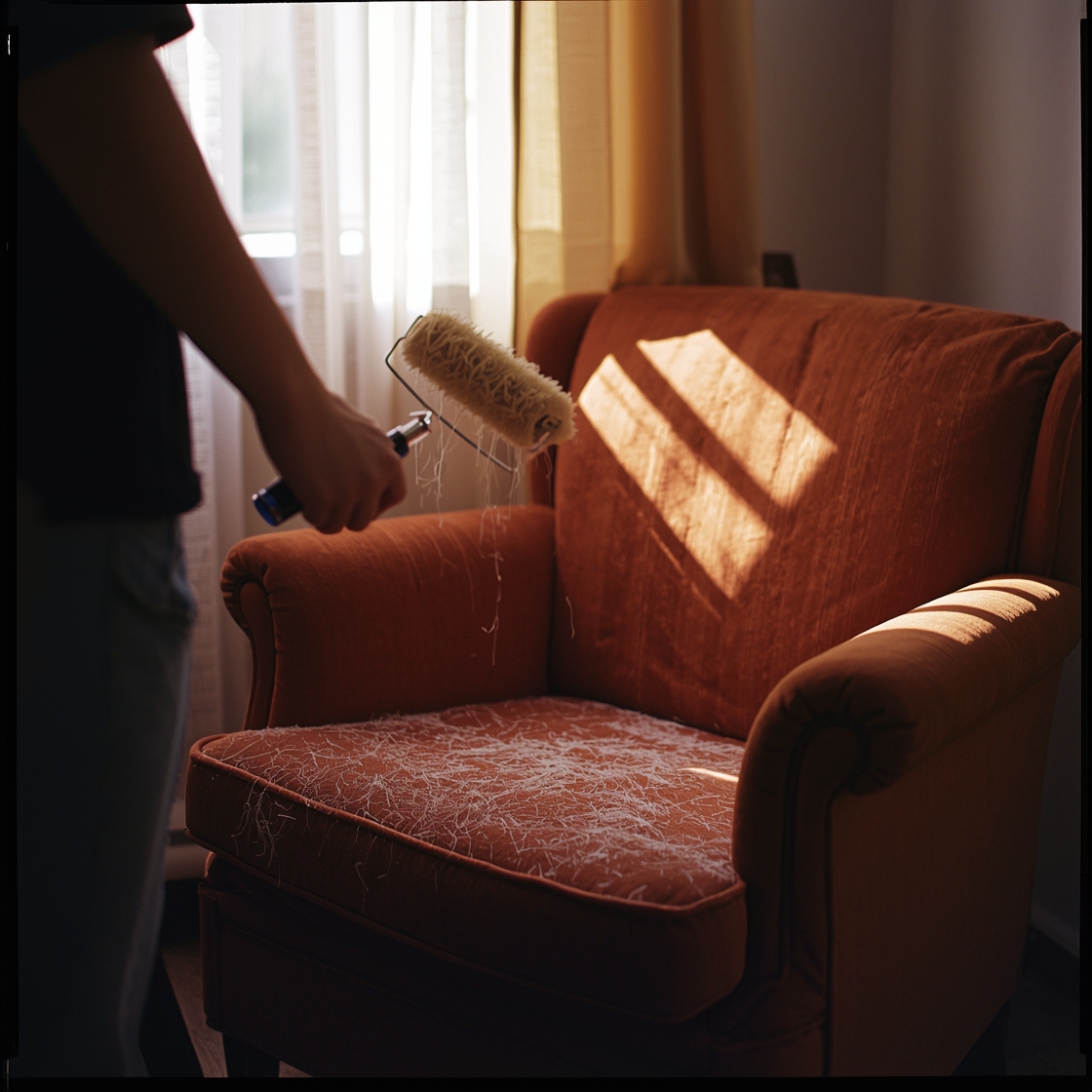 Person using sticky roller to remove pet hair from sofa