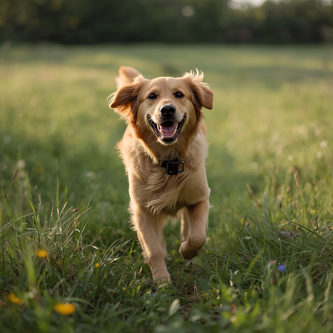 A golden retriever wearing a GPS tracker runs in a green meadow