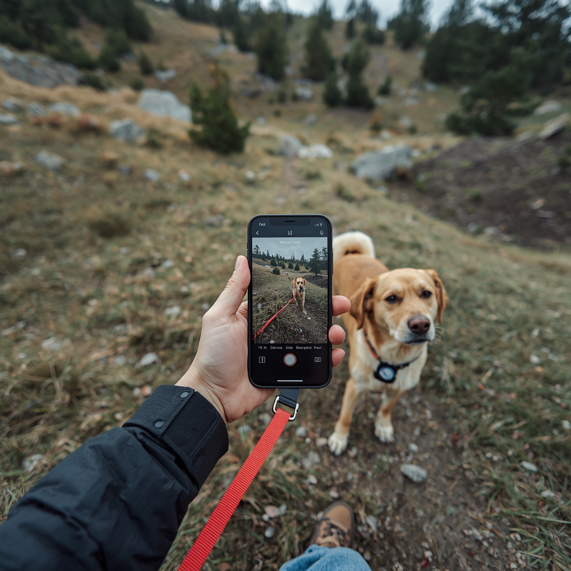 Person testing dog GPS tracker in outdoor terrain with smartphone