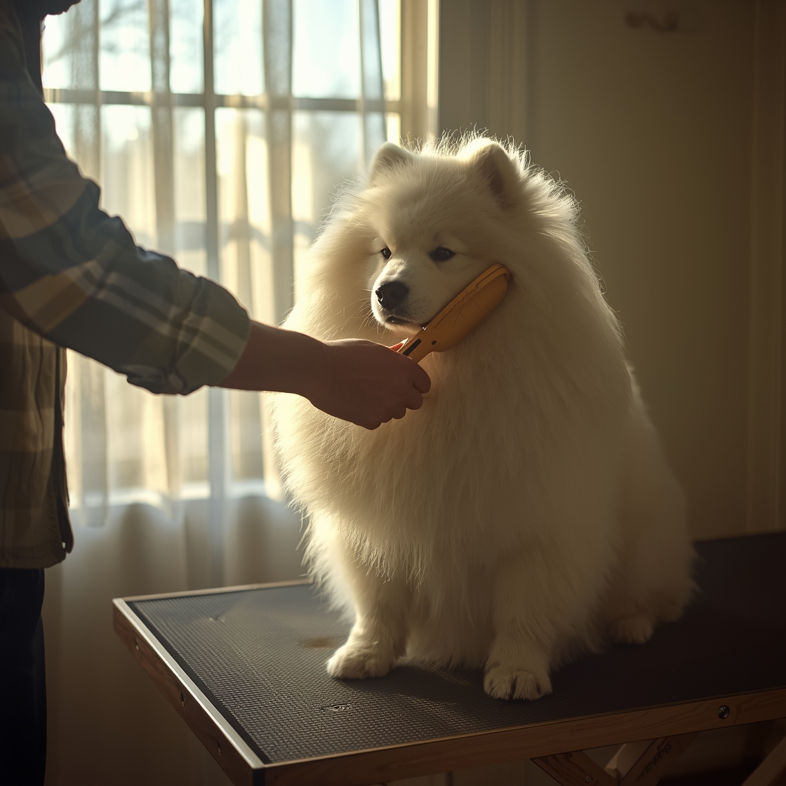 A Samoyed being brushed with a slicker brush on a wooden table