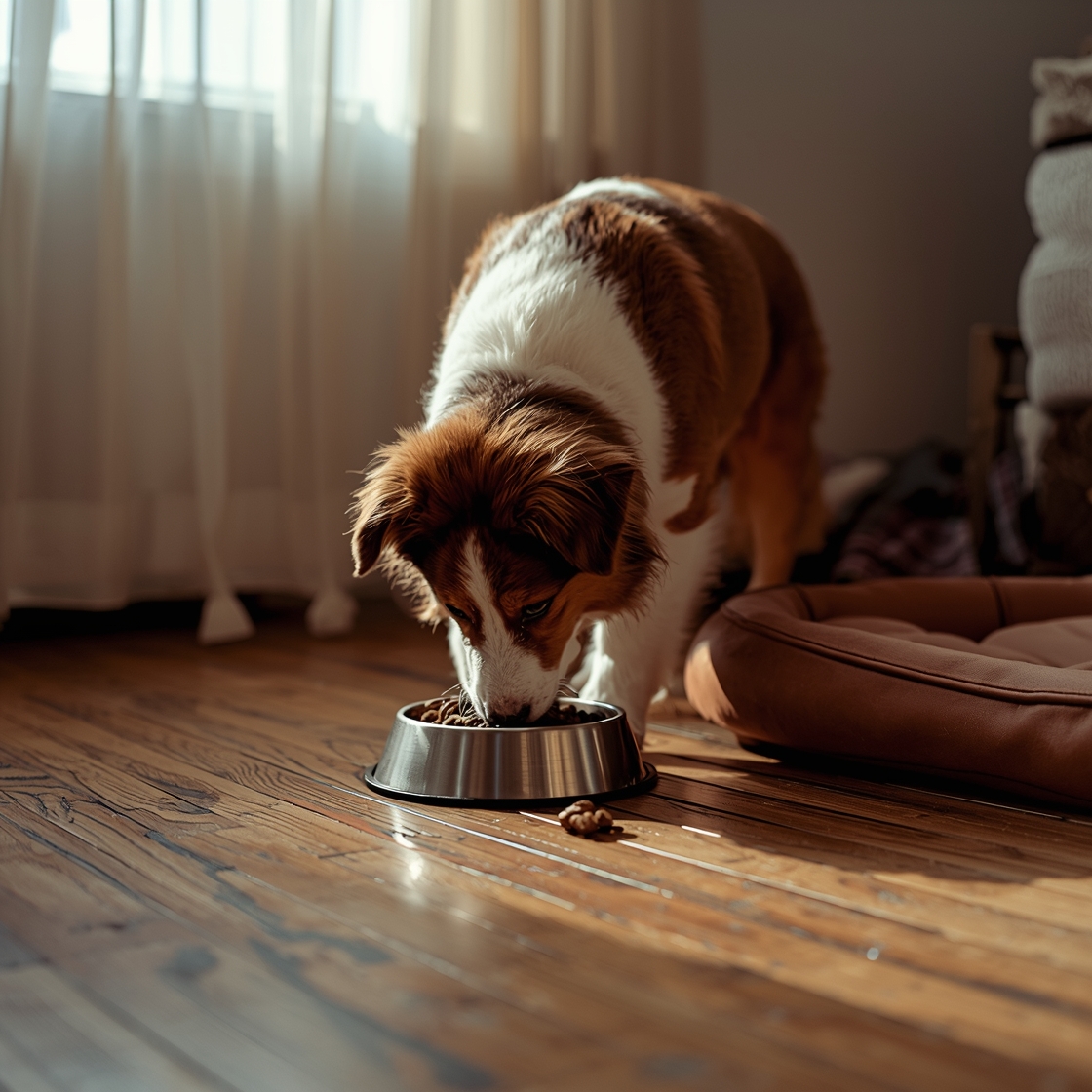 Muscular Australian Shepherd eating high-protein dog food